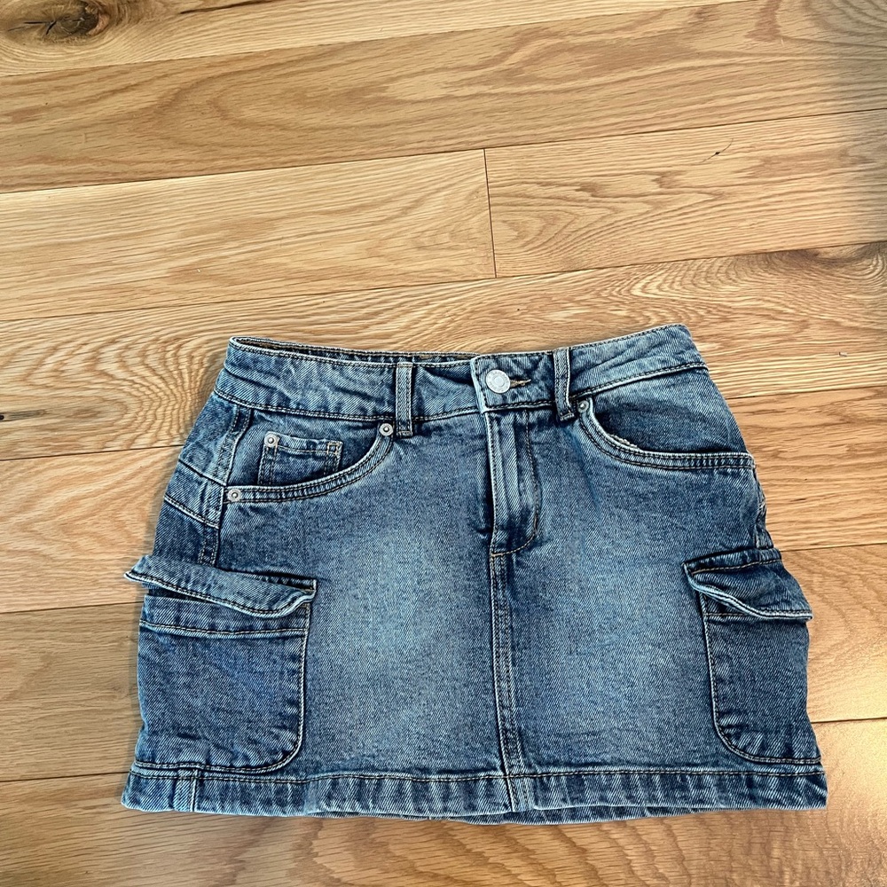 Garage Washed Blue Denim Cargo Mini Skirt